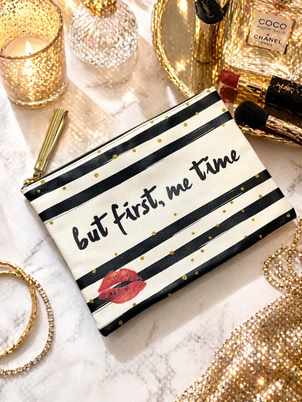 “But First, Me Time” Glam Zip Pouch | Black & White Striped w/ Gold Tassel